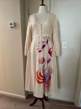 Bohemian Traders Cream Linen Midi Dress with Pink, Purple & Orange Print